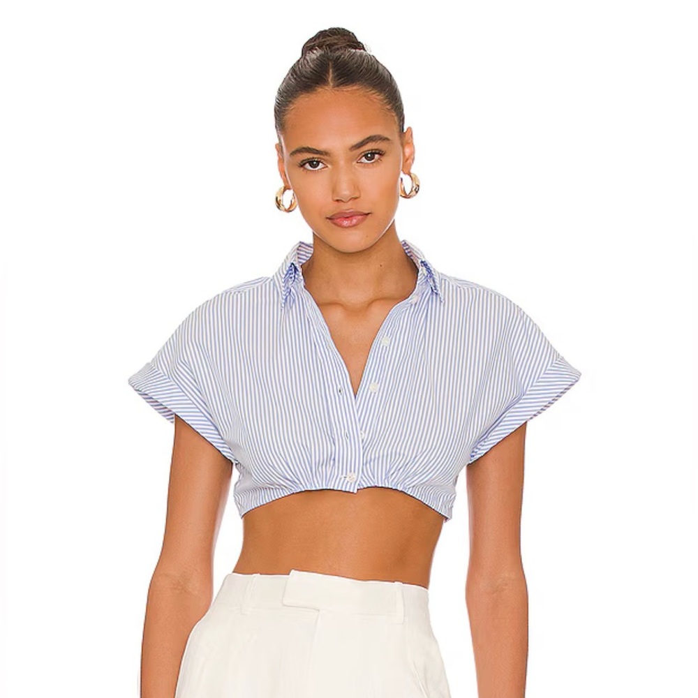 L'Academie Blue and White Striped Cropped Button-Up Top